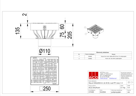 ACO Self XtraPoint 319430 Wpust podwórzowy B125 z rusztem PP Ø110 mm